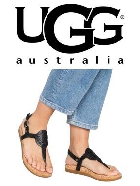 UGG Ayden Black Leather Thong T-Strap Sandals